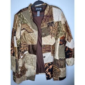 Indigo Moon Patchwork Jacket 1X Brown Gold Floral Tapestry Embroidered Boho Luxe